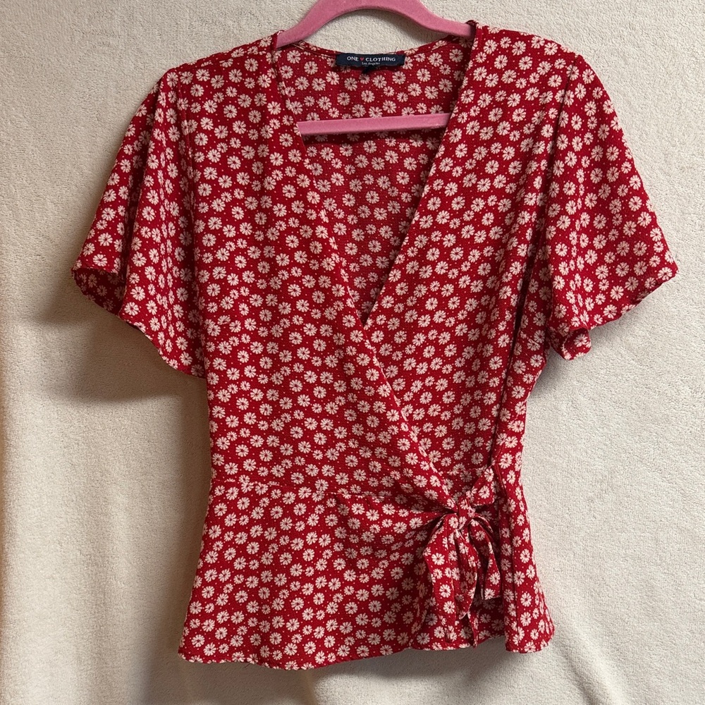 One Clothing Red Daisy Print Wrap Blouse